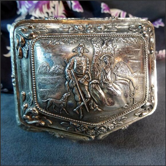 Vintage Silver Jewelry Box Hunting Scene w Baroque Decor - Picture 2 of 8